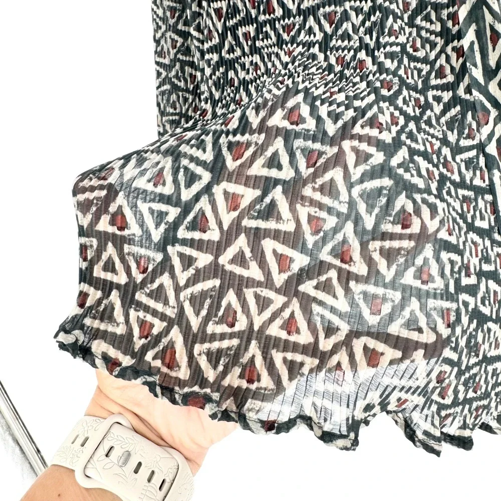 Anthropologie Rinku Dalamal Pleated Tie Neck Bow Blouse Geometric Print‎ Size 8